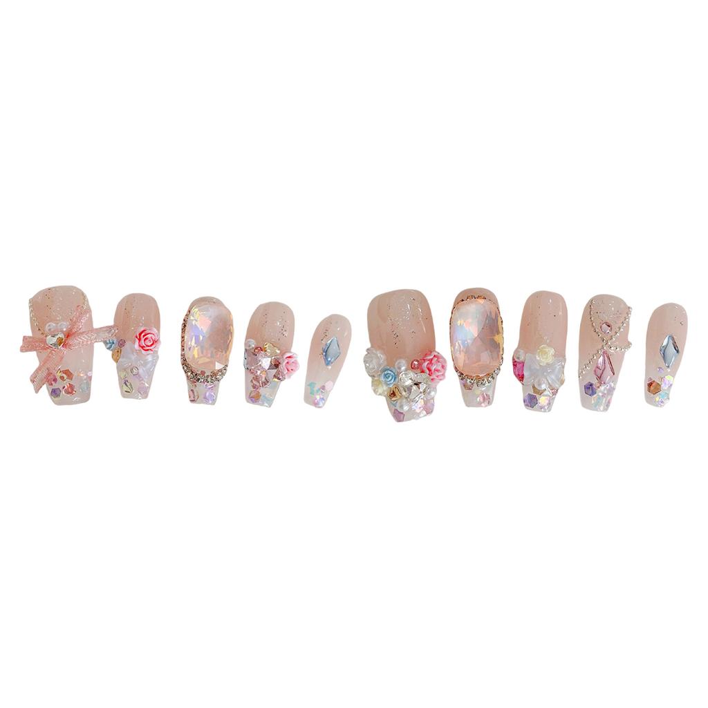 Clear Pink Fake Nails with Flash Glitter Natural-looking Easy To Take On and Apply for Women and Girl Nail Salon