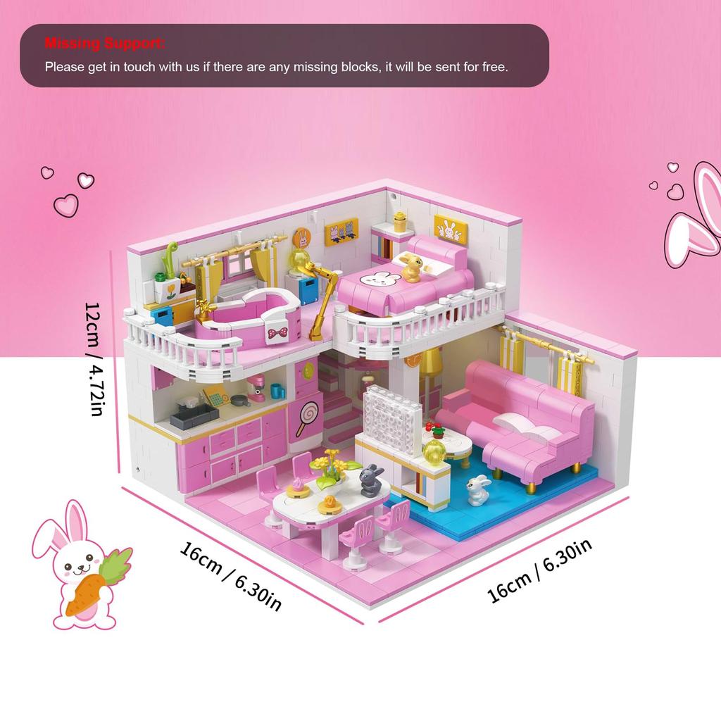 Hallisun Block Set Building Assembly Rabbit Pink Room Model 3D Puzzle Toy Miniature Mini Size Brick Brick For Adults Children Boys Girls 8 Years +