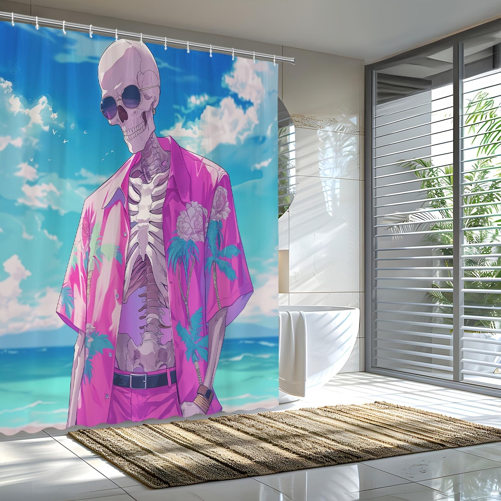

Стильная шторка для душа «Скелет» – Сцена на тропическом пляже с солнцезащитными очками и цветочным принтом, 70x70 Полиэстер, Декор для ванной комнаты с 12 крючками W90xH180cm