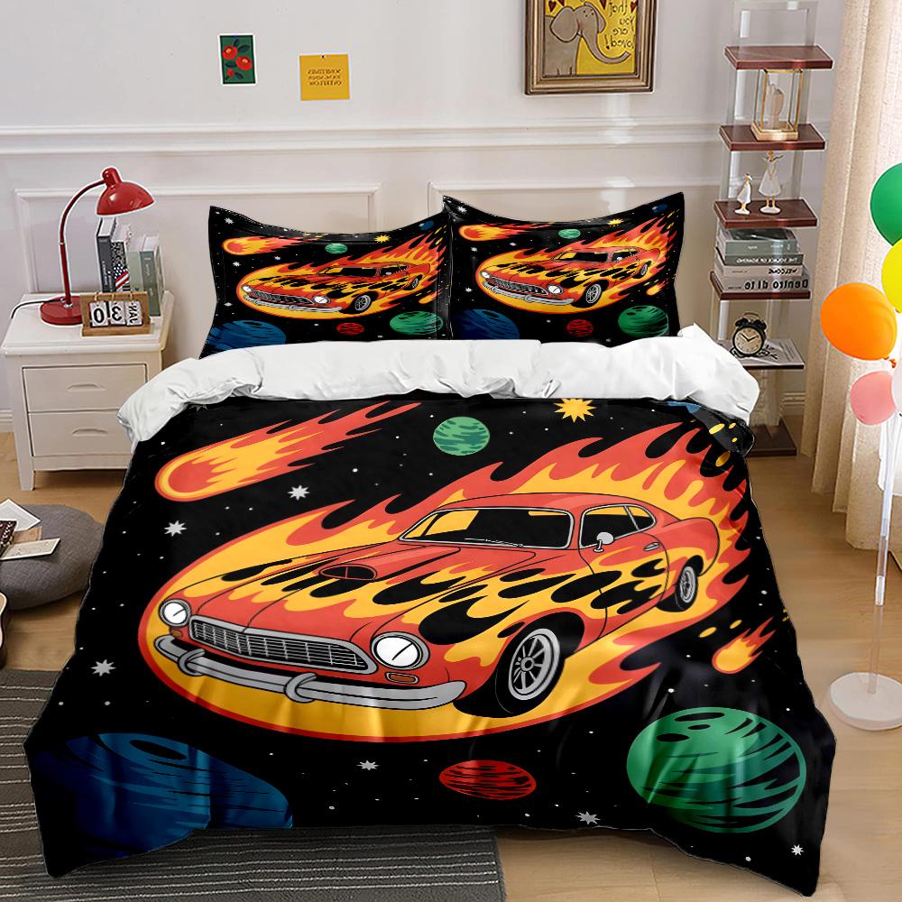 Flaming car racing through space Bedding Set for Kids Luxury Gift 3pcs Digital Print Comforter Set Soft Comfortable Breathable