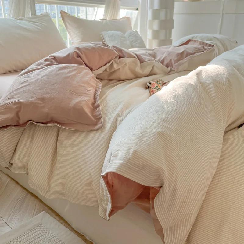 

Fine Stripe Printed Quilt Set 4 Piece Set Washed Cotton Skin Friendly Naked Sleeping Bedding Comfortable Breathable Duvet Cover 150x200cm 3pcs кавовий