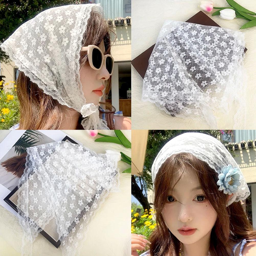 French Floral Lace Triangle Headscarf Romantic Summer White Lace Hair Scarf Wrap Hair Ribbons Travel Photo Headband Bandanas