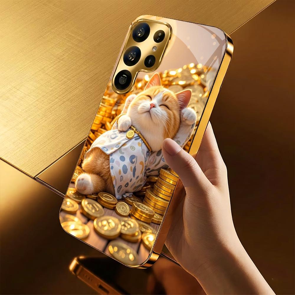 Treasure Luxury Kitty High-end PhoneCase Electroplated Glass PhoneCase for Samsung Galaxy S26 S25 S24 S23 S22 S21 FE,Ultra,Plus