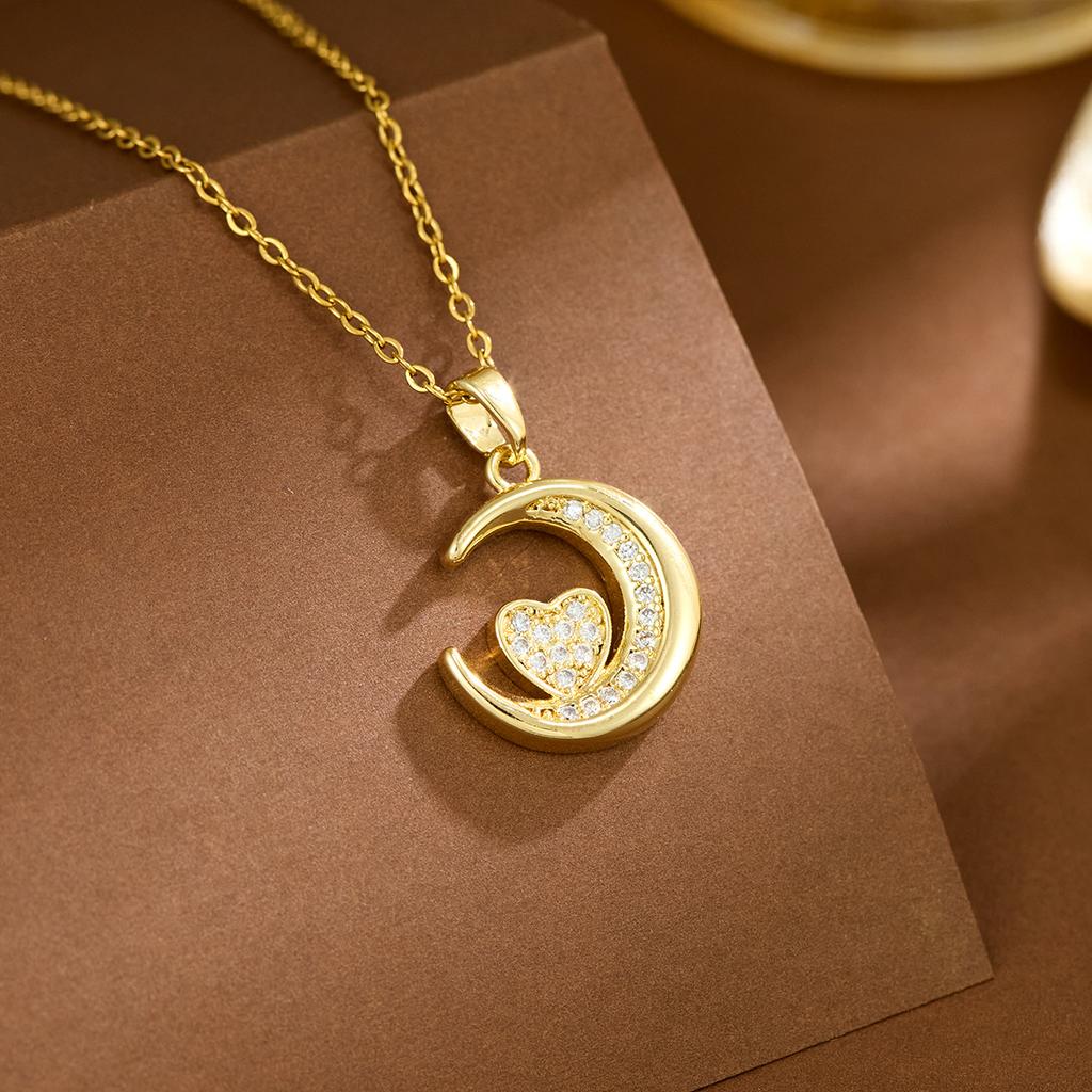 1pc Stainless Steel Moon Shaped Pendant Necklace Adorned With Rhinestones, Great Gift For Women