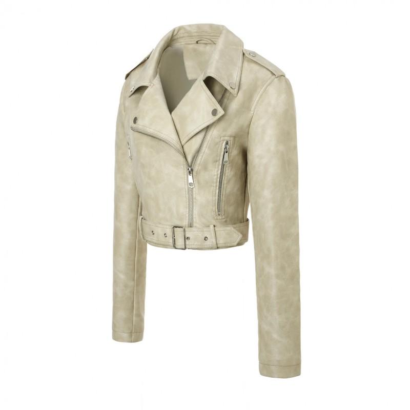 Beige Cropped Fitted Biker Jacket Lapel Metal Rivet Vintage Washed PU Leather Coat