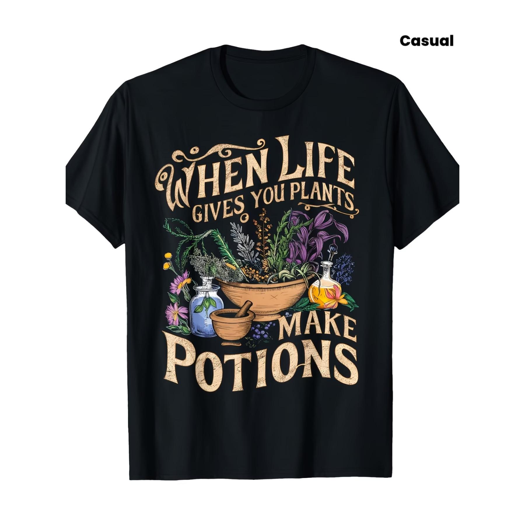 Men s White Herbalism & Potion-Themed T-Shirt - Botanical Potion & Print with  When Life Gives You Plants Make Potions  Slogan S чёрный