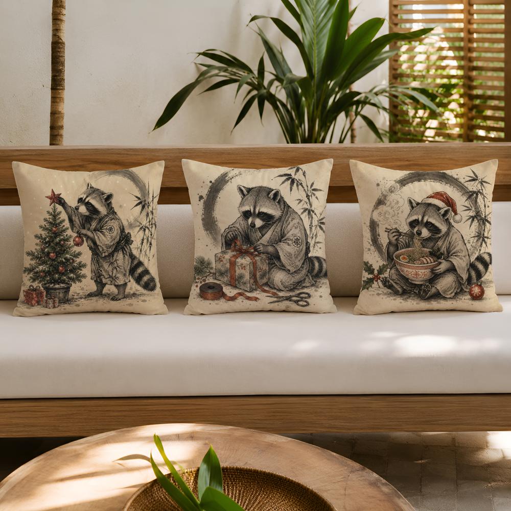 Japanese Raccoon Ramen Cushion Cover Breathable Short Plush Pillow Case Machine Washable Wrinkle-Resistant Soft Durable