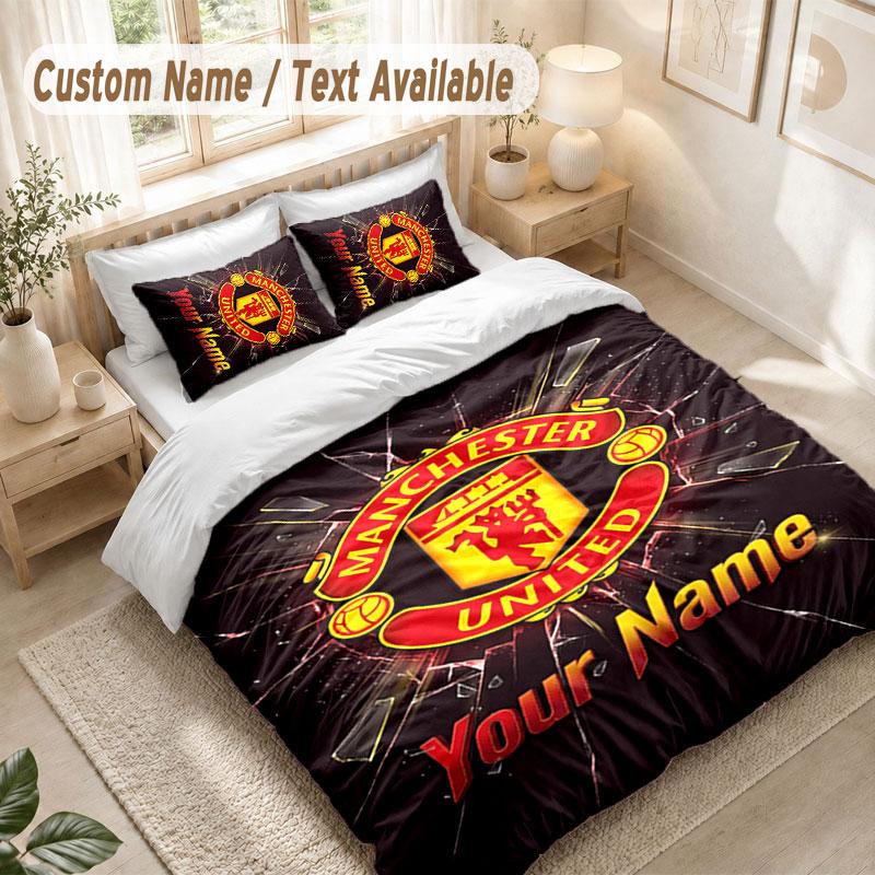 Custom Name Bedding Set 3 PiecesManchester United Print Duvet Cover + 2 Pillowcases Soft Bed Decor