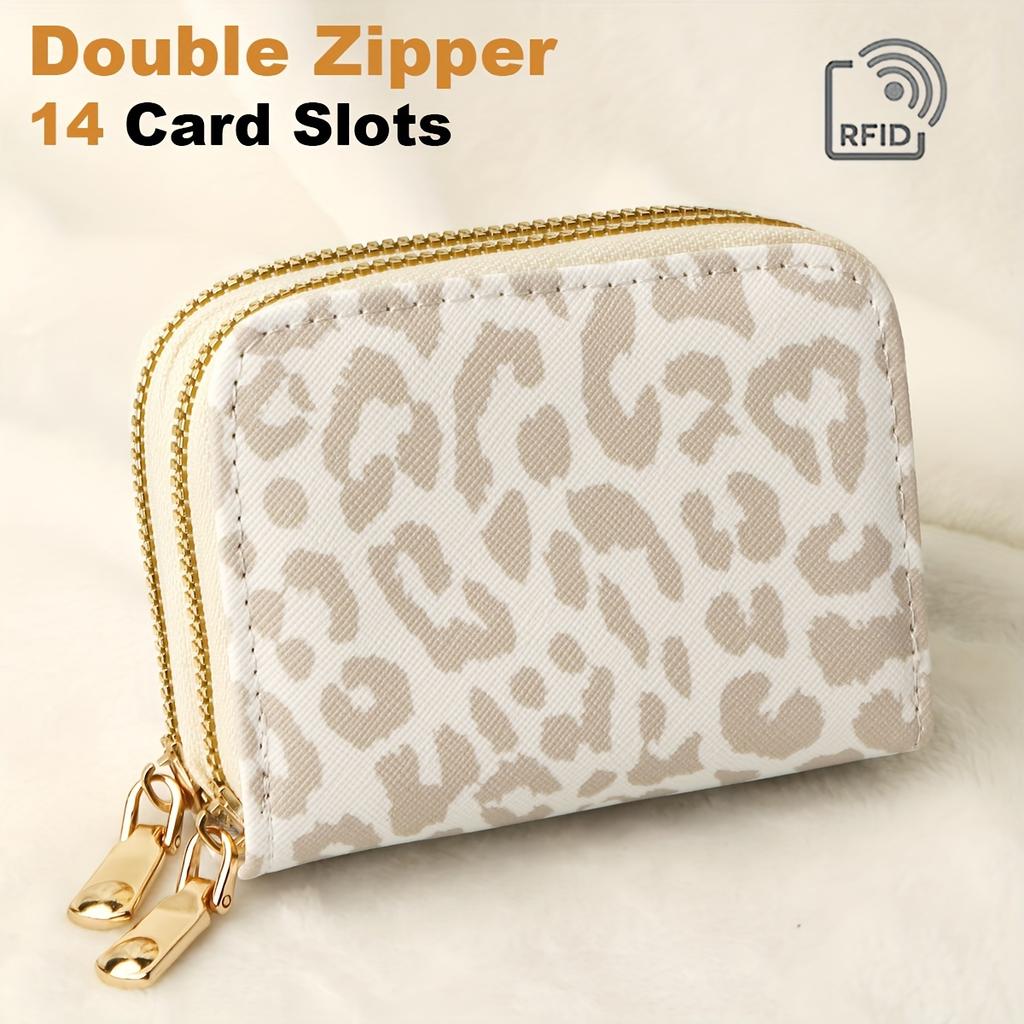 Fashionable Leopard Print Mini Wallet With RFID Blocking, PU Material Purse With Zipper Closure And 11 Card Slots(4.3''x 3.1'')