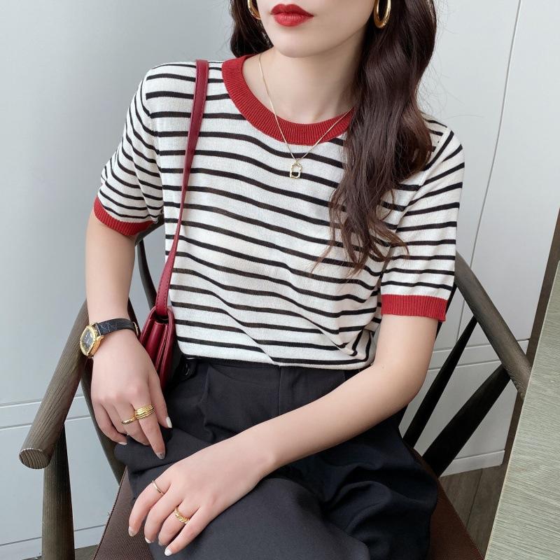 

Ice silk short-sleeved knitted sweater women s thin striped shirt large size bottom half-sleeved summer new top average size