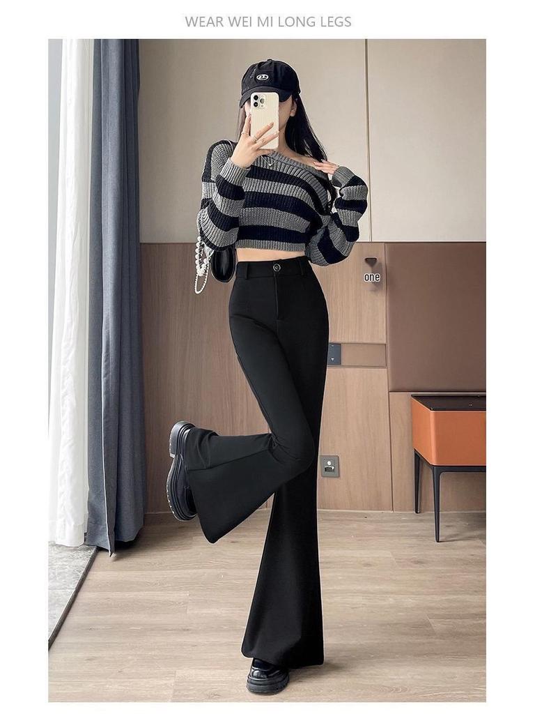 Petit Pantalon Élastique Noir Évasé Amincissant Taille Haute pour Femme Printemps