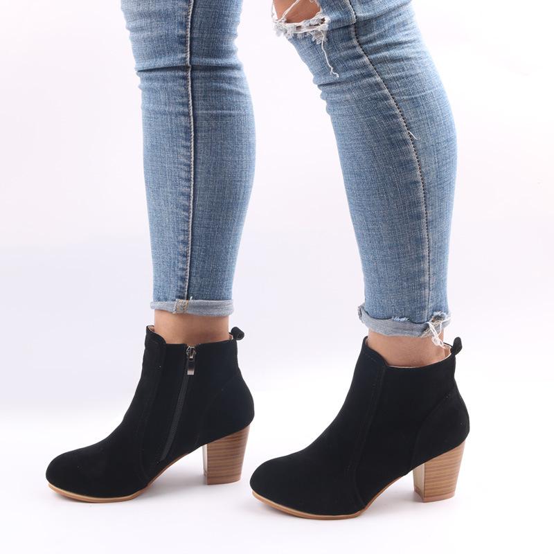 Autumn and winter new matte side zipper thick heel short boots large size women's shoes