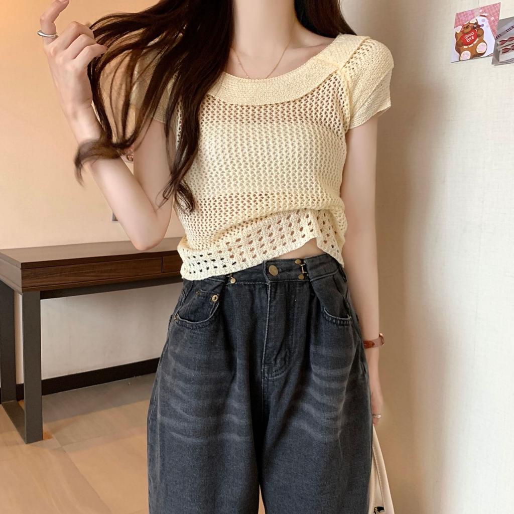 Xiaofei Sleeve Round Neck Hollow U-neck Versatile Female Summer Thin Knit Shirt Design Sense Niche Short Tops Casual Essential Slim Fit Pullovers Tees