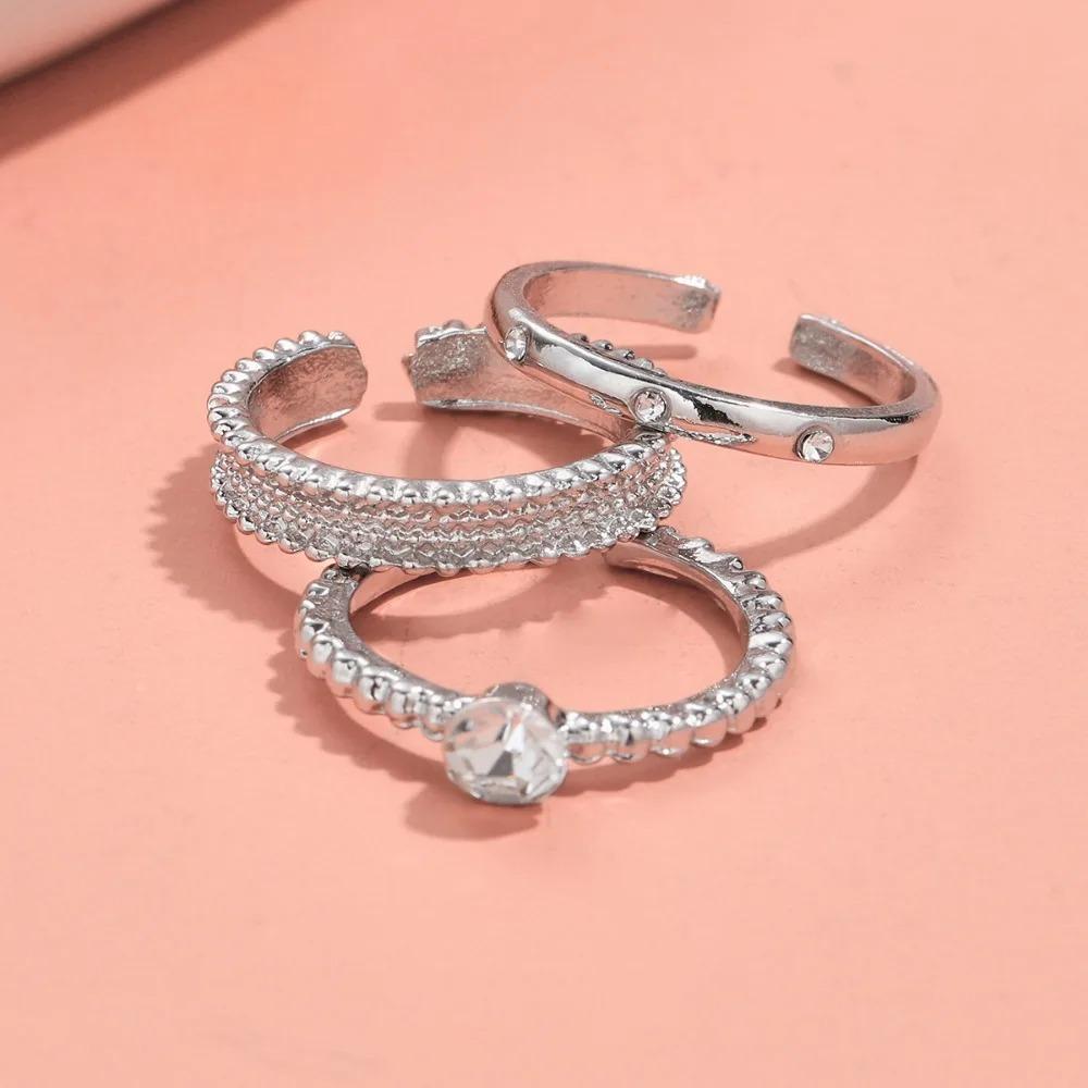 3pc Korea Fashion Mixed Minimalist Ring Set Geometric Round Metal  Open Rings Zircon For Women