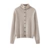 2026 Autumn/Winter Women’s High Neck Wool Cardigan Sweater – Long Sleeve, Rolled Edge, Solid Color, Warm Knit Top