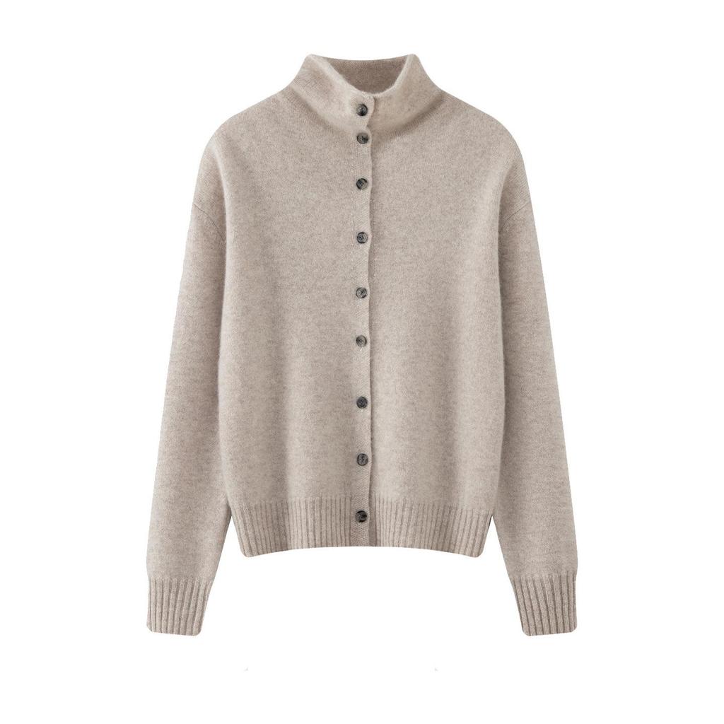 2026 Autumn/Winter Women’s High Neck Wool Cardigan Sweater – Long Sleeve, Rolled Edge, Solid Color, Warm Knit Top