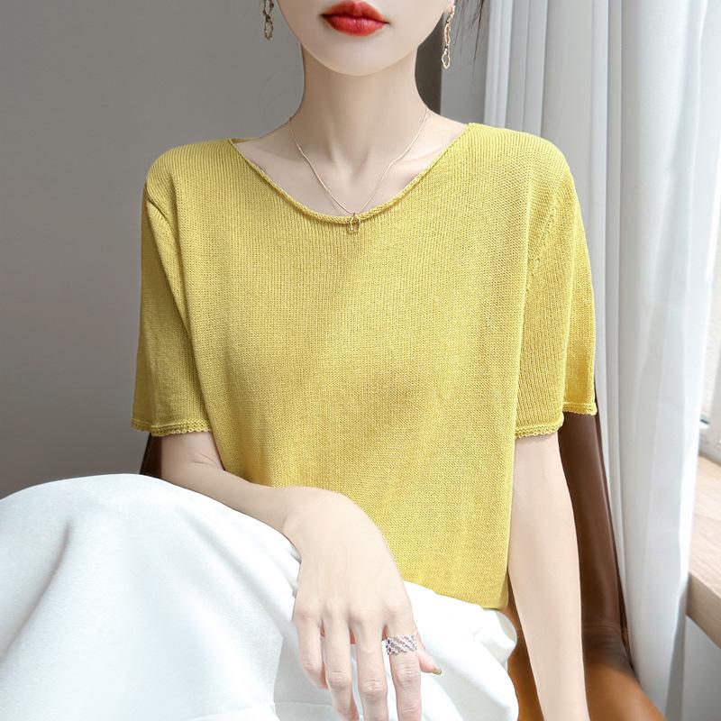

Summer Women s New Style of Quzhu Ice Silk Short Sleeve Women s Rolled Knitted Sweater T-shirt Women s Round Neck Vest M