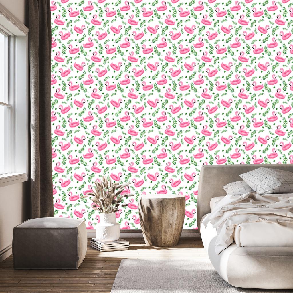 Flamingos Wallpaper in White, Powder Pink and Green for Living Room and Bedroom 50x1000