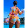 3 Piece Sexy Bikini Set Long Sleeve Sheer Mesh Cover Up Colorful Print Deep V Summer Beach Vacation Bathing Suit Swimwear