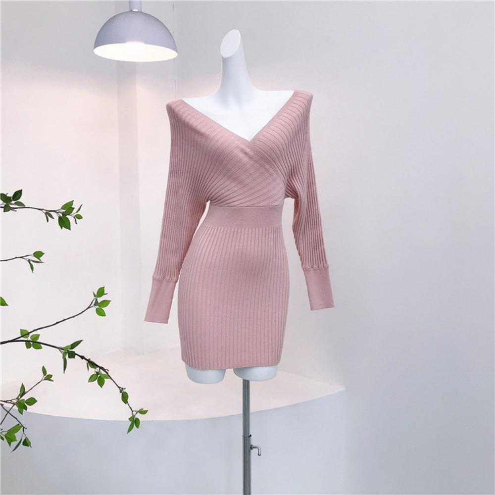 Pink hip-wrapped dress autumn and winter pure desire sexy V-neck crossed halter bat sleeve waist skirt S
