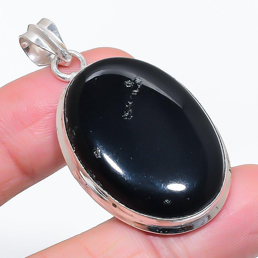 Natural Black Onyx Gemstone 925 Sterling Silver Jewelry Pendant 1.97" E1Y51