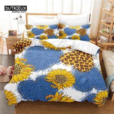Digital Printing Sunflower Bedding Set, Duvet Cover Set, Linen, Queen Size, Fashion Design