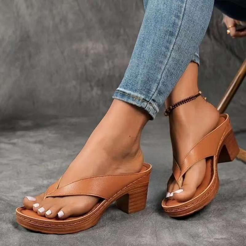 Fashion 2025 New Gold High Heels Flip Flops Women Outdoor Clip Toe Thick Heeled Sandals Woman Lightweight Plus Size Summer Slippers 43