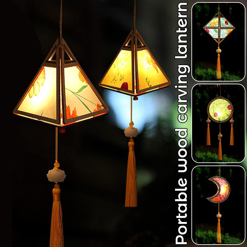 Mid-autumn Portable Lantern With Tassel Waterproof Chinese Antique Wood Carving Palace Light Lamp New Year Spring Festival Decor