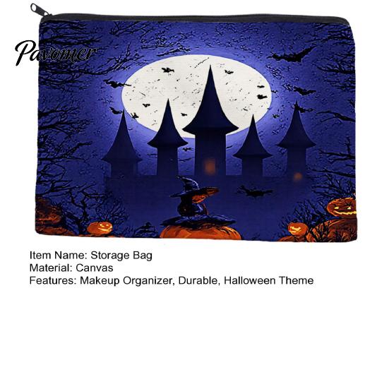 Dark Theme Zipper Bag Storage Bag, with Halloween Witch Castle Print, Large Washable Accessory Capacity Canvas Cosmetic Organizer, for Travel