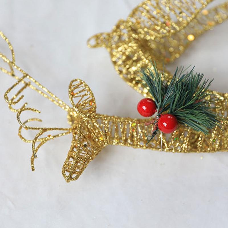 Christmas Wrought Iron Elk Ornament 1 Pair Red Berry Pine Needles Glitter Sequins for Home Decor Bedroom Living Room Decor