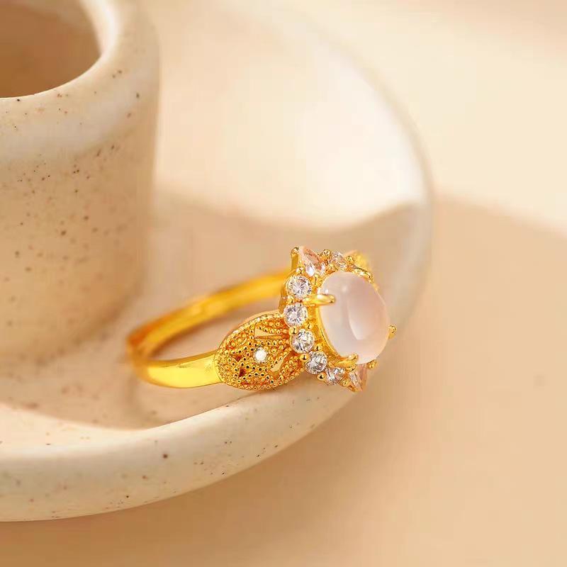 Gold-Plated Diamond Rhombus Cabochon Ring - Vintage-Style Women's Index Finger Jewelry