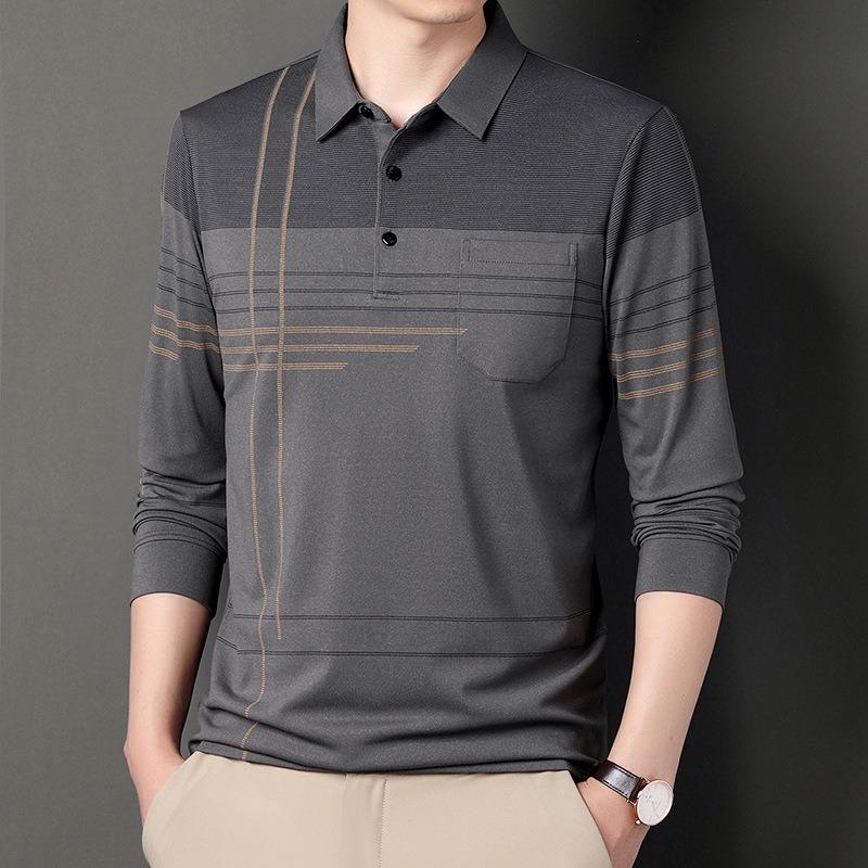 Men S Long Sleeve Striped Polo Shirt Casual Middle Age Dad Style