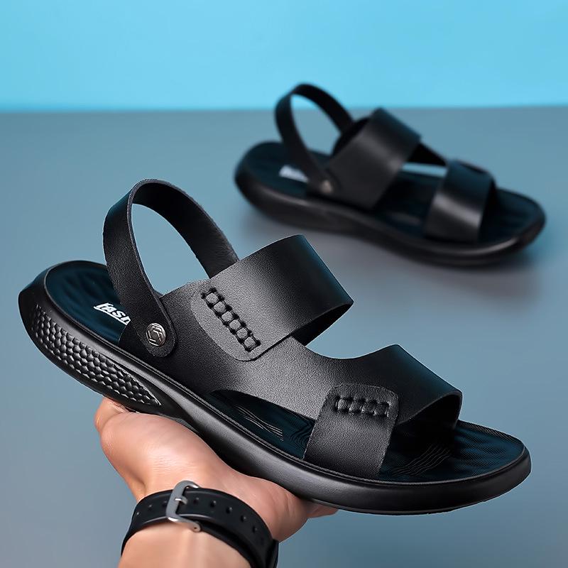 

Мужские сандалии из натуральной кожи 2025: Пляжная и повседневная нескользящая обувь с мягкой подошвой двойного назначения для лета 42 чёрный