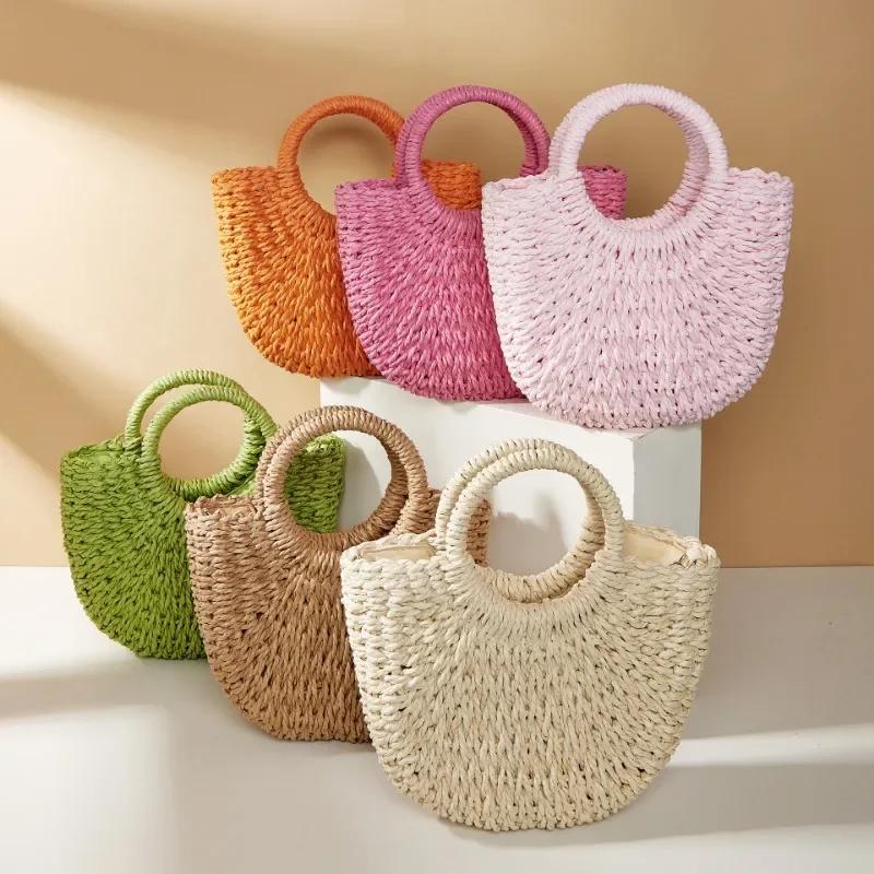 Handwoven Straw Rattan Half-Moon Bag - Women’s Large Capacity Hollow Out Crossbody Beach Shoulder Bag with Half-Round Design