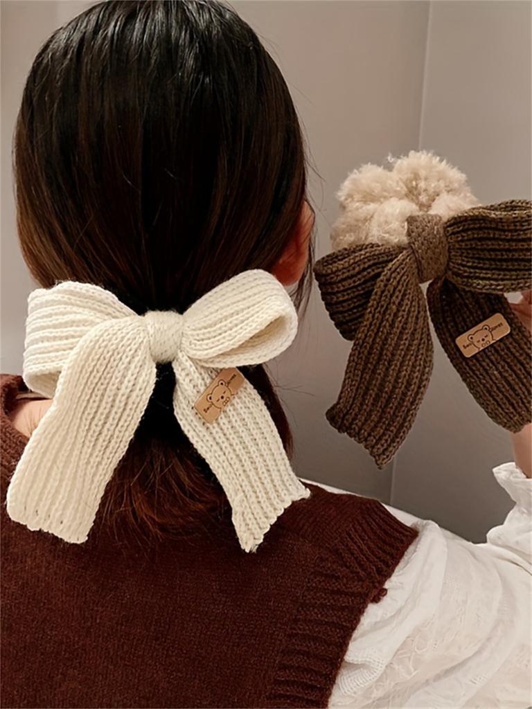 1pcs Soft Autumn and Winter Bow Plush Elastic Hair Ties | Ponytail Holders for Women's Party Outings and Daily Styling Accessori