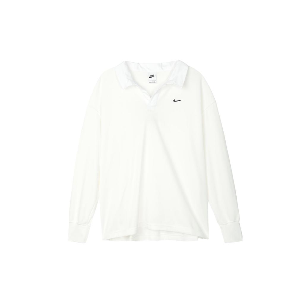 Nike Solid Color Polo Collar Loose Long Sleeve Drop Shoulder T-Shirt Women Tops White FB8721-133