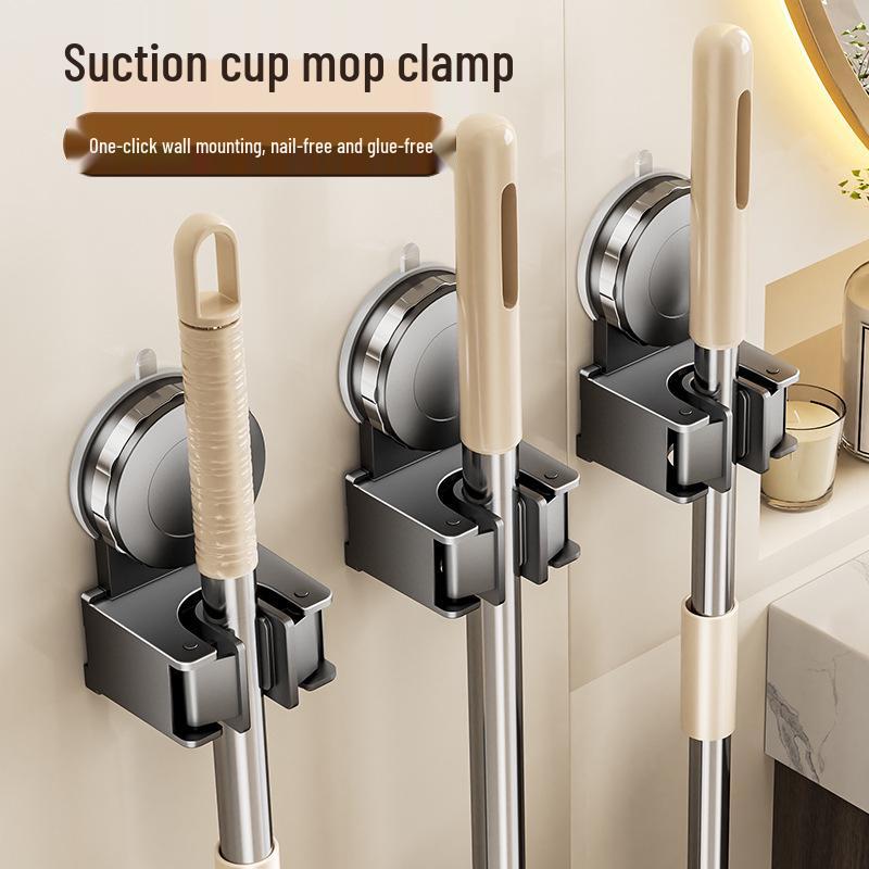 No-Punch Broom & Mop Wall Mount Clip - Suction Cup Hanging Rack for Bathroom/Backdoor Storage