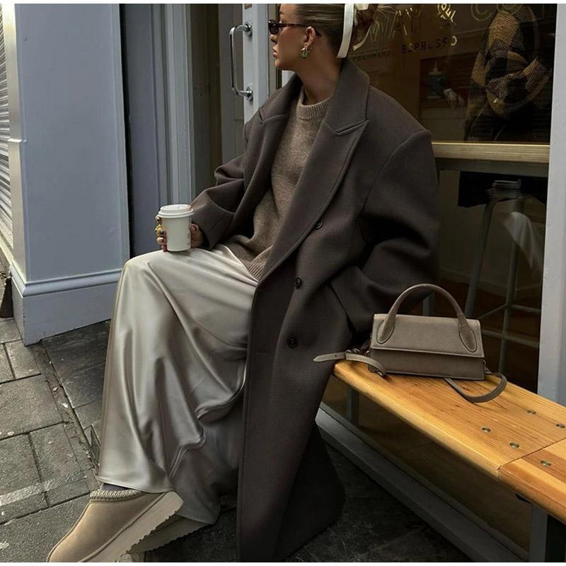 Solid Color Double-Breasted Women Long Coats Loose Turn-down Collar Female Maxi Autumn Winter Elegant Lady Street Outwear