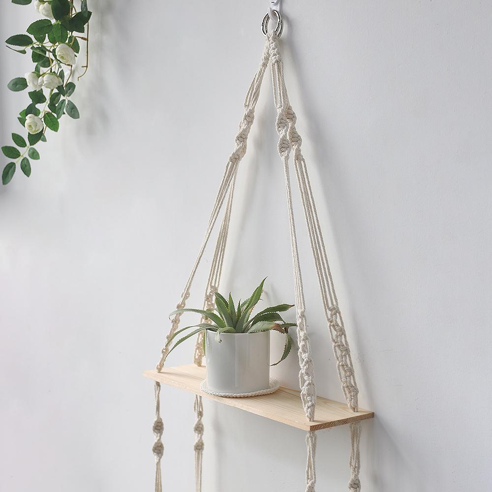 Wooden Wall Shelf Macrame Display Stand Boho Art Home Decoration Floating Shelf Nordic Wall Decor Living Room Nursery Aesthetics