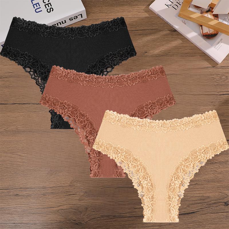 FINETOO 3Pcs Women Cotton Lace Panties Floral Intimate Briefs High Waist Brazilian Panties Female Soft Underpants Lingerie S-XXL