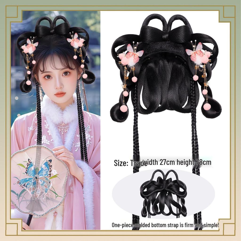 Herbst/Winter Hanfu Perücke und Pompon Stirnband Haaraccessoires Set