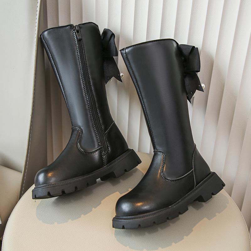 2024 Autumn/Winter New Style Girls Black Fashion Long Boots - Little Girl Bow Korean Version High Leather Boots