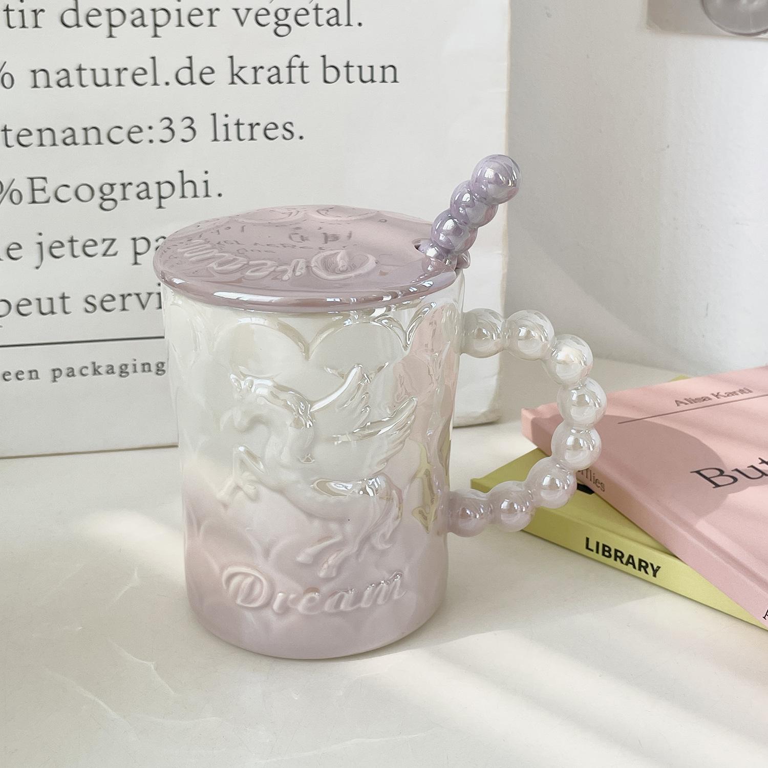 

Ceramic Cup with Lid with Spoon Ins Wind Mug Girl High Looking Water Cup Couple Office Coffee Cup 401-500ml