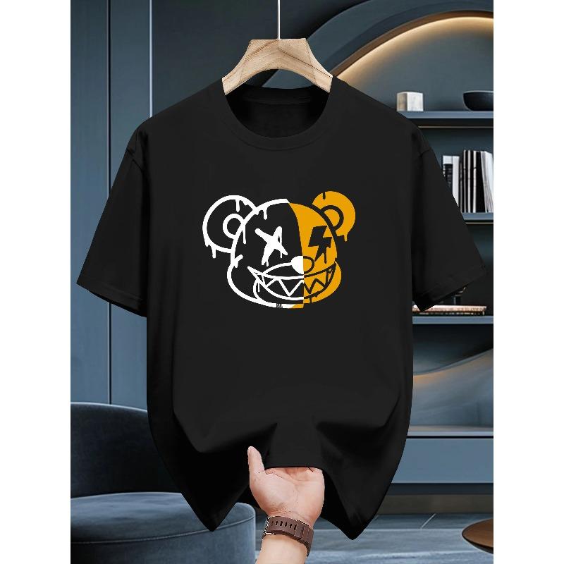 100% Cotton Men's Casual Loose T-shirt Trendy and Fashionable Bear Pattern Printed Breathable Round Neck Short Sleeved Top