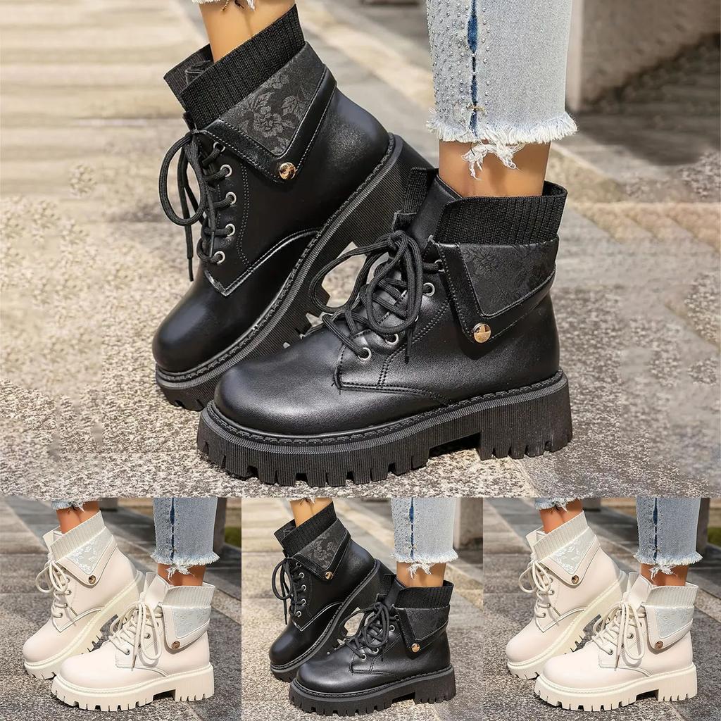 Retro Ankle Boots For Women Winter Large Size Thick Heel Round Toe British Bare Boots For Boots for Women with Heel Comfortable
