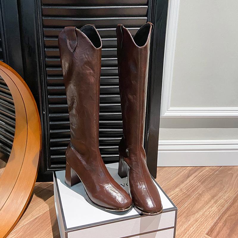 

High Boots Spice Girls Coarse Heel Boots Autumn and Winter High Heel Knight Boots V-mouth Rear Zipper Skinny Boots Vintage Boots 40