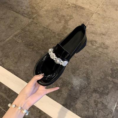 Round Toe Handmade Crystal Flower Block Heel Small Leather Shoes Women's Large Size Loafers