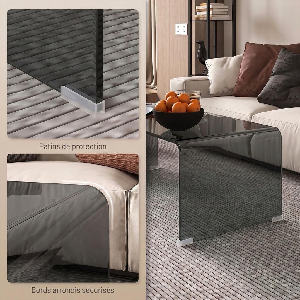 Glass Coffee Table, Rectangular, Rounded Edges, Light Gray Transparent