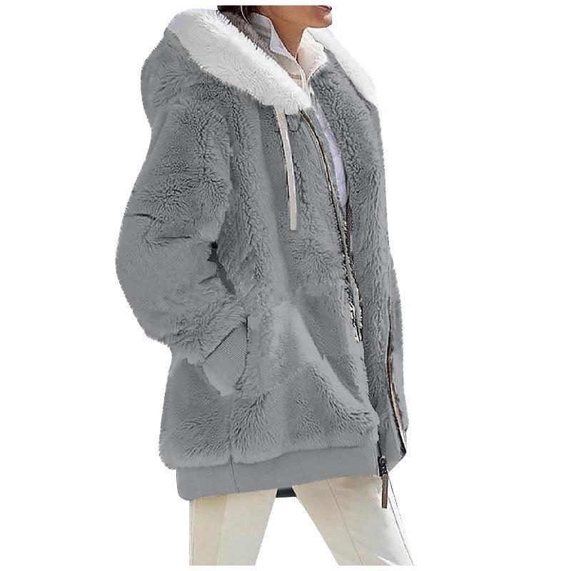 Cross-border Amazon explosion Europe, America 2024 autumn and winter loose plush long-sleeved zipper pocket hooded warm jacket women