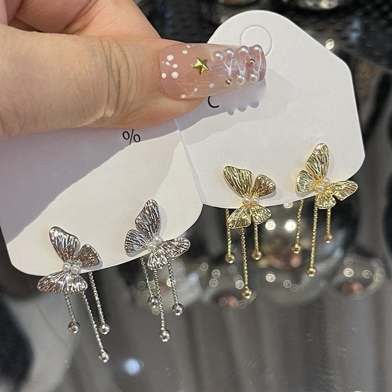 Pearl Butterfly Tassel Earrings Sweet Cold Wind Spice Girl Personality Earrings Fashion Light Luxury Premium Earrings